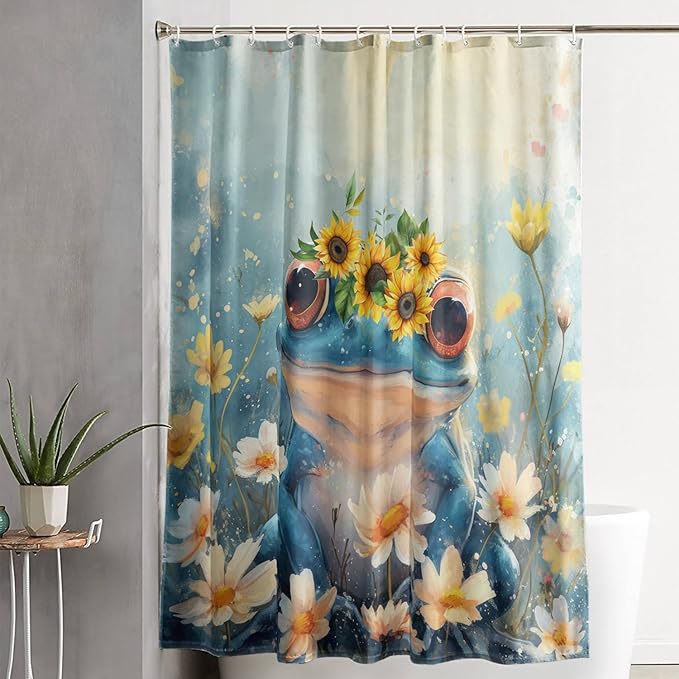 AILONEN Cartoon Frog Shower Curtain,Blue Frog with Sunflowers Polyester Cloth Bath Curtain Set for Kids Boys Girls,Amphibious Animals Shower Curtains for Bathroom,60" W*72" H