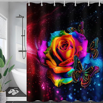 AILONEN Colorful Rose Shower Curtain for Bathroom Decor,Butterfly Galaxy Rose Flower Bath Curtain for Girls Women,Modern Romantic Curtain Waterproof with 12 Plastic Hooks, 60" W*72" H