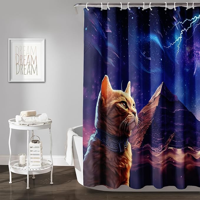 AILONEN Cat Shower Curtain,Blue Galaxy Lightning Pyramid Pet Cat Bath Curtain Gifts for Cat Lover,Polyester Waterproof for Bathroom,72" W*84" H with 12 Plastic Hooks