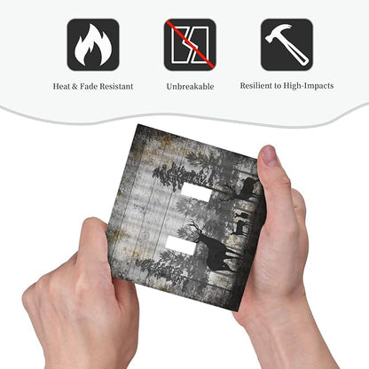 Rustic Deer Forest Vintage Wood Board Double Toggle Boho Light Switch Covers Decorative Country Unique 2 Gang Wall Plate Dual Electrical Faceplate Switchplate for Farmhouse Cabin Decor