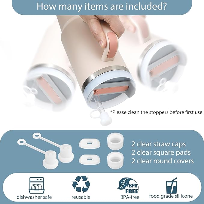 2 Set Spill Stoppers for Stanley Cup 20oz/30oz/40oz/64oz, Leak Proof Accessories for Stanley Tumbler with Straw Cap and Square Pad and Round Cover (Clear, 2)