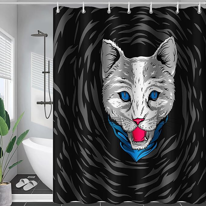 AILONEN Cat Shower Curtain,Cartoon Scream Cat Printed Bath Curtain for Teens,Polyester Waterproof for Bathroom,72" W*78" H with 12 Plastic Hooks