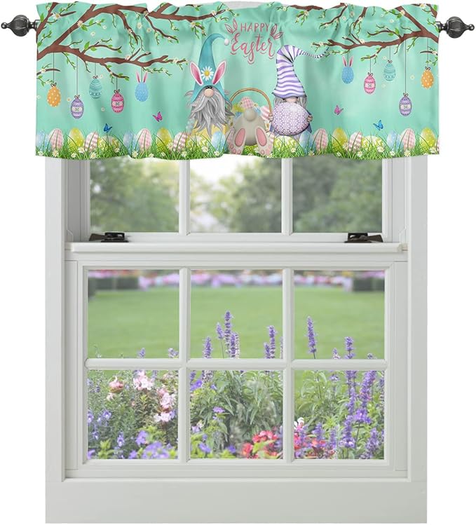 Easter Day Valances Kitchen Curtains for Windows, Easter Gnomes Bunny Tails Eggs Tree Rod Pocket Valances Green Spring Decorations Short Curtains for Bedroom/Living Room,54" X 18" -1 Panel