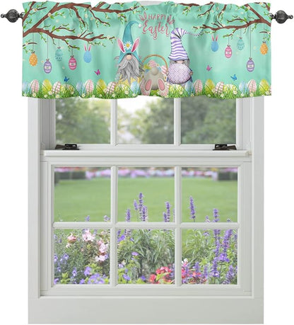 Easter Day Valances Kitchen Curtains for Windows, Easter Gnomes Bunny Tails Eggs Tree Rod Pocket Valances Green Spring Decorations Short Curtains for Bedroom/Living Room,54" X 18" -1 Panel