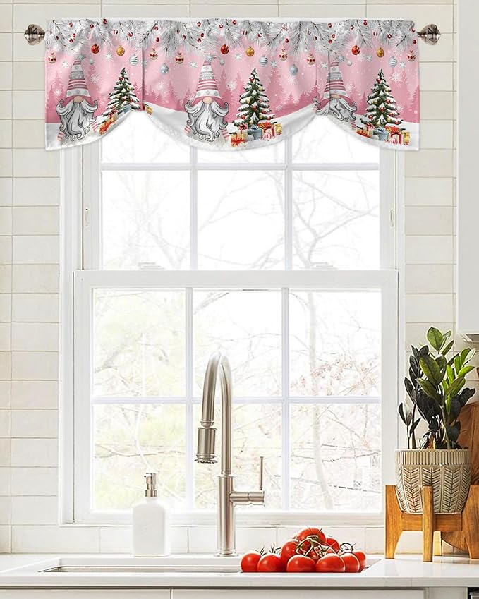 Christmas Gnome Blackout Tie Up Valance Curtains for Kitchen Windows Winter Merry Christmas Tree Balls Window Toppers Balloon Shades for Living Room/Bathroom/Bedroom,1 Panel, 42" X 18", Pink