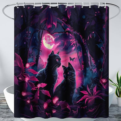 AILONEN Black Cat Shower Curtain,Cartoon Mother Son Kitten Shower Curtain Set for Kids Boys Girls,Boho Style Moon Shower Curtain with Hooks for Bathroom,36" W*72" H