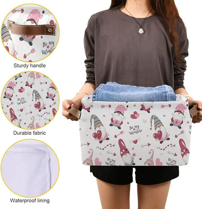Happy Valentine's Day Gnomes Storage Basket Fabric Laundry Baskets Be Mine Valentine Love Heart Storage Boxes Organizer Bag for Baby Cloth Dog Toy Book Storage Cubes Shelf Closet Bins 16×12×8 Inches