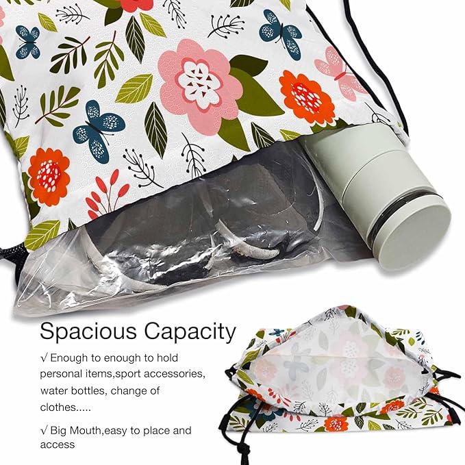 Drawstring Bag Sports Backpack Flowers Pattern Pink Butterflies Green Leaves Sutiable for Dance Sports Beach Short Travel Stroage 14x16.9 Inch
