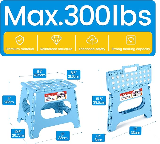ACSTEP Folding Step Stool for Adults 11 Height Lightweight Plastic Stepping Stool Foldable Step Stool Hold up to 300lbs Non Slip Collapsible Stool Blue