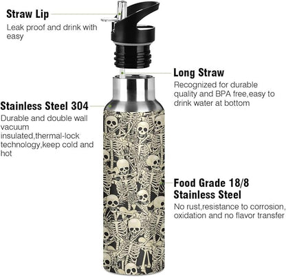 ALAZA Gothic Skull Skeleton Water Bottle With Straw Lids Boys Girls,Vacuum Insulated Leakproof Stainless-Steel Sports Bottle Thermal Flask For Gym Yoga Camping,34Oz (1000Ml)