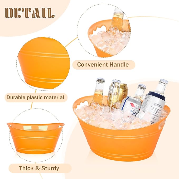 8Pcs Ice Bucket, Plastic Ice Buckets for Parties, Drink Buckets with Handles Beverage Buckets Oval Storage Plastic Tub for Wine Beer Champagne Bottles, 4.3Liter (set-4-orange)
