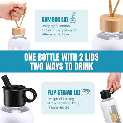 32oz Glass Water Bottle With 2 Lids-Flip Straw Lid, Bamboo Lid, Glass Water Bottle With Silicone Sleeve, Motivational Time Marker, Glass Juice Bottle for Cold Drink,White