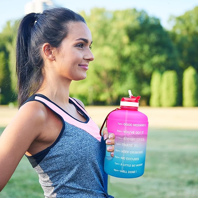 QuiFit Motivational Gallon Water Bottle - with Straw & Time Marker BPA Free Large Reusable Sport Water Jug with Handle for Fitness Outdoor Enthusiasts Leak-Proof