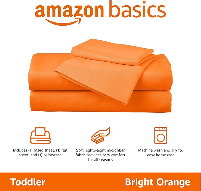 Amazon Basics Kid's Soft Easy-Wash Lightweight Microfiber 3-Piece Sheet Set, Toddler, Bright Orange, Solid