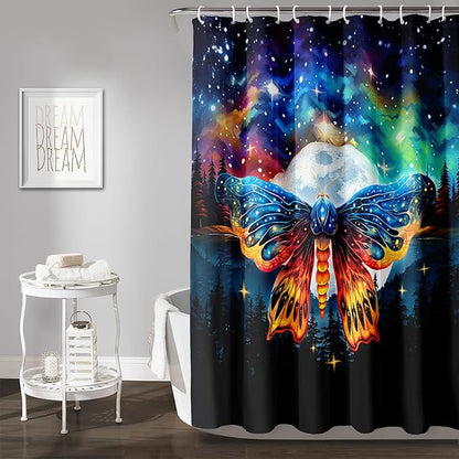 AILONEN Colorful Moth Shower Curtain,Galaxy Moon Moth Bath Curtain for Bathroom Decor,Polyester Waterproof with 12 Plastic Hooks 72" W*78" H