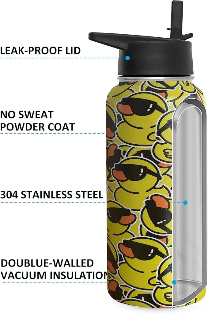 32 oz Duck Water Bottle Insulated Vacuum Stainless Steel Sports Water Bottle with 2 Lids (Straw and Spout Lid) for Gym Camping Hiking