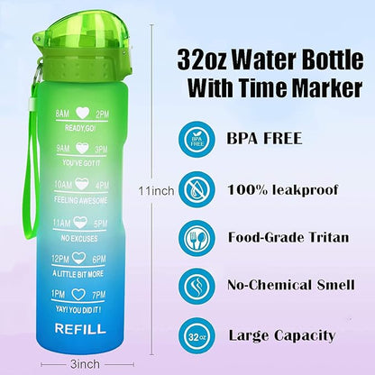 XACIOA Water Bottle with Straw,32oz Plastic Cup with Motivational Time Marker,1L Tritan Sport Lightweight Leakproof BPA-Free,Wide Mouth Fast Flow Ensure You Have Times to Drink,with Straw & Cup Brush
