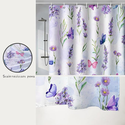 AILONEN Purple Flower Butterfly Shower Curtain 60" W*72" H,Spring Floral Girls Bathroom Decor,Modern Tie Dye Watercolor Butterfly Bath Curtain Polyester Waterproof Bathroom Curtain with Hooks