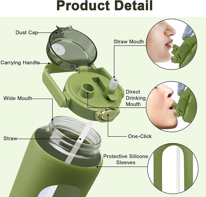 64 Oz Glass Water Bottle with Straw and Lid, Sports Motivational Water Bottle, Leakproof Water Jug Fitness with Silicone Sleeve for Gym, Green