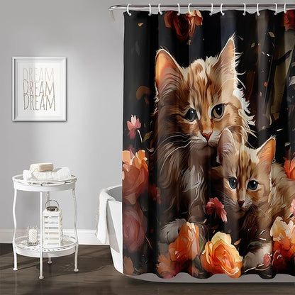 AILONEN 3D Kawaii Cat Shower Curtain,Lovely Kitten Mom and Son Polyester Cloth Bath Curtain Set for Girls Boys,Cute Animal with Flowers Waterproof Shower Curtains for Bathroom, 48" W*72" H