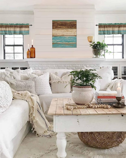 Farmhouse Kitchen Curtains Valances for Windows Teal Turquoise Green Brown Country Rod Pocket Window Treatment for Kitchen /Living Room/Bedroom/ Bathroom,42" X 12" -1 Panel, Retro Rustic Barn Wood