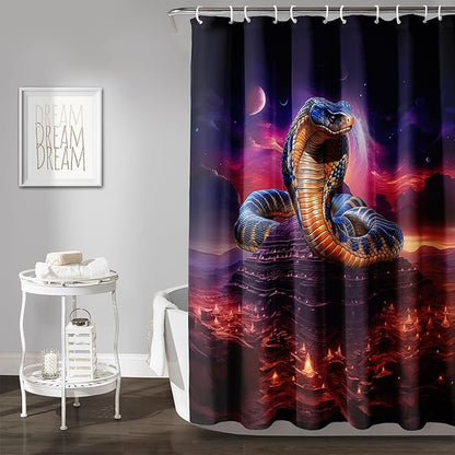 AILONEN 3D Snake Shower Curtain,Red Starry Retro Pyramid Snake Bath Curtain for Bathroom Decor,Terror Snake Printed Polyester Waterproof with 12 Plastic Hooks 72" W*96" H