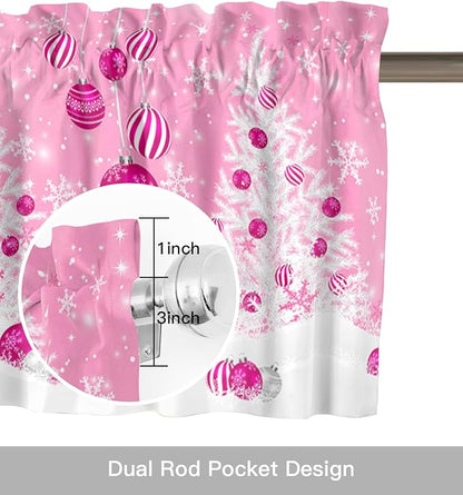 Pink Christmas Valance Curtains for Kitchen Windows White Xmas Tree Snowflakes Pink Balls Rod Pocket Window Treatment Toppers for Kitchen/Living Room/Bedroom/Bathroom, 42" X 12", Winter