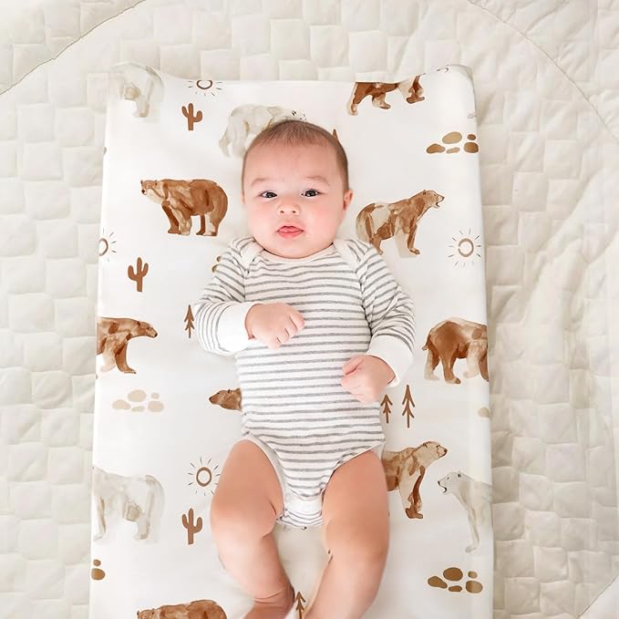 GRSSDER Stretchy Ultra Soft Jersey Knit Changing Pad Cover Set 2 Pack, Change Table Pad Covers Fit 32"/34" x 16" Pads Safe and Snug, Cute Diaper Changing Pad Covers of Sunny Bear Print