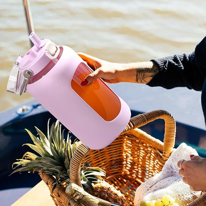 84oz Glass Water Bottle with Stainless Steel Handle,2.5L Gallon Water Bottle With 2-IN-1 Straw Lid, Silicone Sleeve and Motivational Capacity Marker, Wide Mouth Water Jug For Gym, Purple