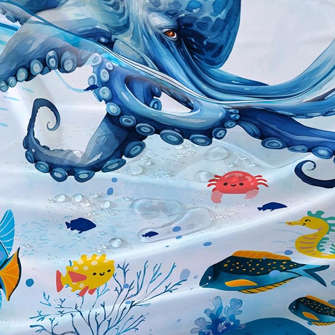 AILONEN Blue Octopuses Shower Curtain Set, Cartoon Octopus Creature Waterproof Fabric Shower Curtain,Ocean Animal Cloth Bath Curtain,Watercolor Blue Shower Curtain Liner with Hooks,60" Wx72 H