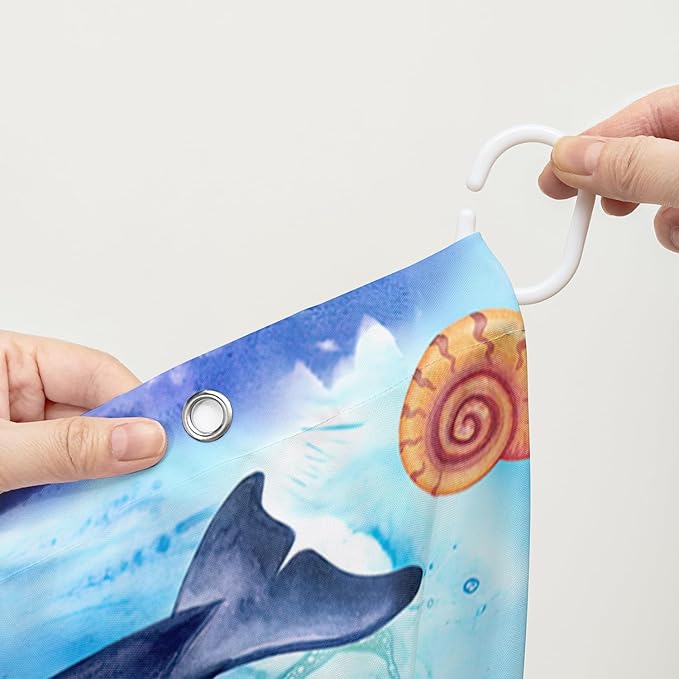 AILONEN Cute Cartoon Whale Shower Curtain,Kawaii Marine Animal Whale Bathroom Curtain for Kids Girls Boys,Blue Tie Dye Bath Curtain Set,Seaweed Fabric Shower Curtains for Bathroom, 48" W*72" H