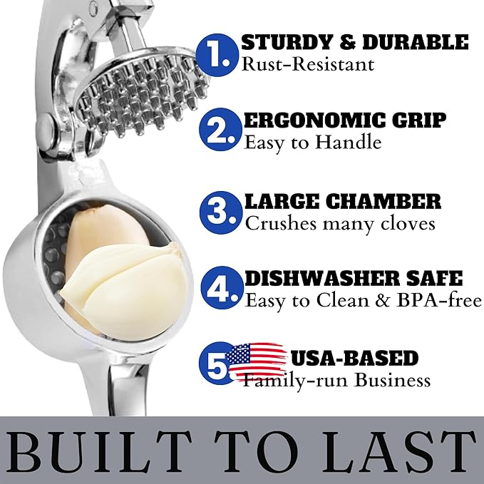Premium Garlic Press, Heavy Duty Garlic Mincer Tool, Easily Crush Garlic, Ginger, Nuts, Seeds, Ergonomic Handle Garlic Press Stainless Steel, Garlic Masher, Silicone Peeler & Brush, Kitchen Gadgets