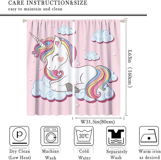Unicorn Curtain for Kids Bedroom,Pink Cartoon Rainbow Darkening Curtains Decor Sliding Curtains Decorative Curtains for Girls Boys Baby Room,Living Room Decoration 63x63inch
