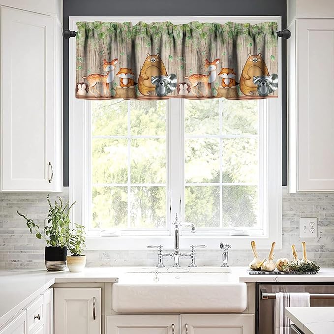 Cartoon Window Valance, Kids Woodland Animal Print Bears Deer Trees Leaves Forest Kitchen Valance for Living Room Nursery Bedroom Nursery Decor with Rod Pocket 54x24 Inch, 3 Piece