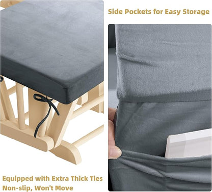 5 PCS Velvet Glider Rocker Replacement Cushions with Side Storage Pocket, Thickened & Supportive Cushions Set for Indoor Nursery Rocking Chair, Dark Grey