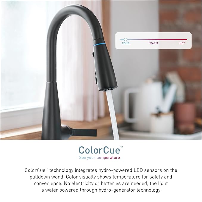 Moen Haelyn Spot Resist Stainless Single-Handle Pull-Down Sprayer Kitchen Faucet with an LED Light ColorCue Temperature Indicator and Soap Dispenser, 87627EISRS
