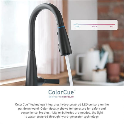 Moen Haelyn Spot Resist Stainless Single-Handle Pull-Down Sprayer Kitchen Faucet with an LED Light ColorCue Temperature Indicator and Soap Dispenser, 87627EISRS