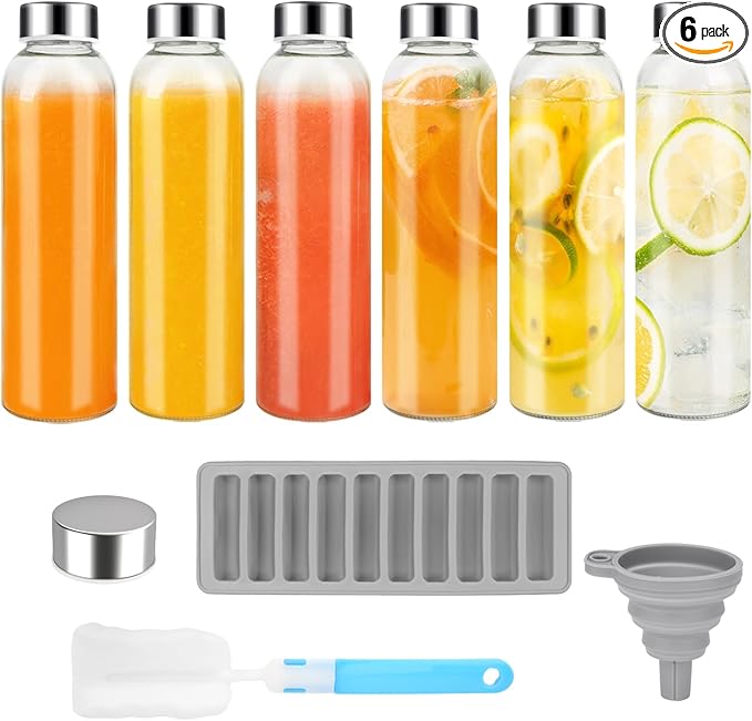 Glass Juice Bottles with Lids for Juicing 24 oz, Reusable Clear Glass Water Bottles with Stainless Steel Airtight Cap for Refrigerator, 100% Leak Proof, BPA Free, ECO Friendly, Set of 6