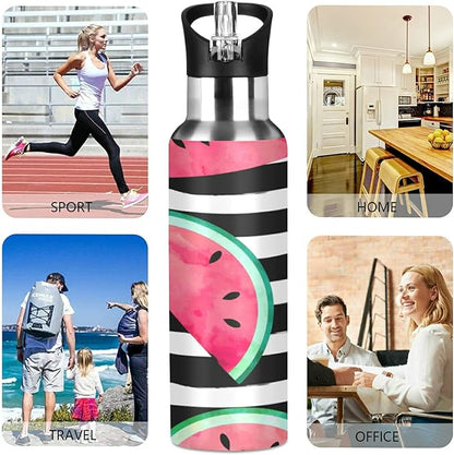 xigua Watercolor Watermelon Slices Stainless Steel Water Bottle with Straw, BPA Free Reusable Leakproof Water Jug for Fitness Camping Outdoor Sports