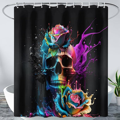 AILONEN 3D Sugar Skull Shower Curtain,Colorful Rose with Skeleton Design Shower Curtain Set with Hooks for Boys Girls Teens,Colour Inkjet Theme72 W*78" H