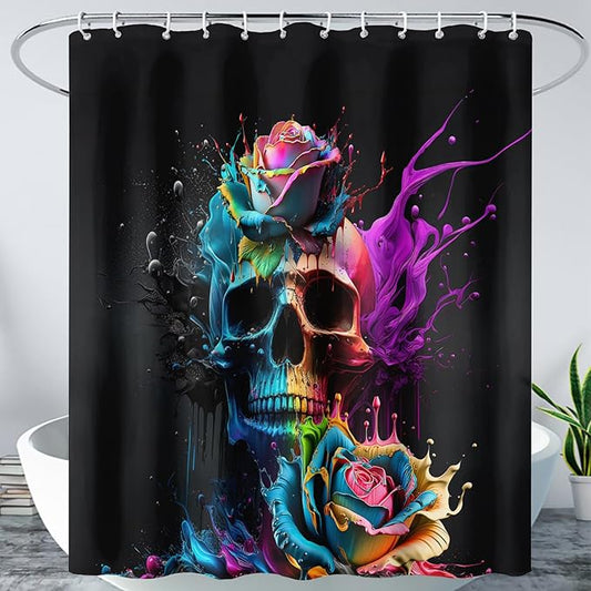 AILONEN 3D Sugar Skull Shower Curtain,Colorful Rose with Skeleton Design Shower Curtain Set with Hooks for Boys Girls Teens,Colour Inkjet Theme36 W*72" H