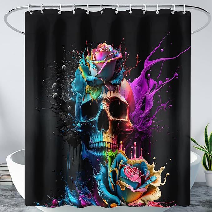 AILONEN 3D Sugar Skull Shower Curtain,Colorful Rose with Skeleton Design Shower Curtain Set with Hooks for Boys Girls Teens,Colour Inkjet Theme60 W*72" H