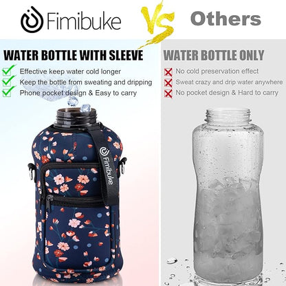 Fimibuke Half Gallon Water Bottle with Sleeve 64 OZ Water Bottle with Handle & Straw Leakproof Motivational Sports Gym Water Bottle with Time Marker BPA Free Water Jug with Reusable Neoprene Holder