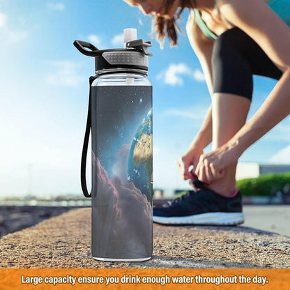 Airplane Galaxy Water Bottle with Straw Sky Sports Bottles BPA-Free Tritan Water Jug with Carrying Strap for Women Men Gym