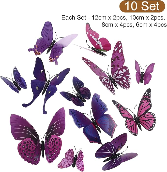 uxcell 120Pcs 3D Beautiful Butterfly Removable DIY Wall Stickers for Bedroom Living Room TV Background Decorations, Purple