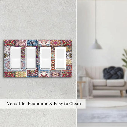 Morocco Talavera Mexican Tiles Printed Colroful Mandala 4 Gang Rocker Decora Light Switch Cover Outlet Covers Wall Plate Decorative Switchplate Electrical Faceplate GFCI for Kitchen Bathroom Decor