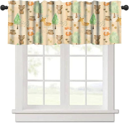 Woodland Animals Kitchen Curtain Valances, Watercolor Forest Animals Valances Set, Bear Deer Fox Wolf Set Hunting Kitchen Curtains Set for Kitchen Cafe Living Room Bedroom Decor 54x18 Inch, 1 Panel