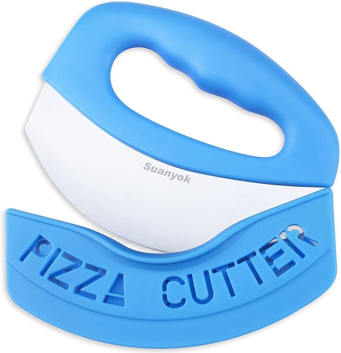Premium Pizza Cutter Food Chopper-Super Sharp Blade Stainless Steel Pizza Cutter Rocker Slicer with Protective Sheath Multi Function Pizza Knife Kitchen Tools,Dishwasher Safe (Blue)