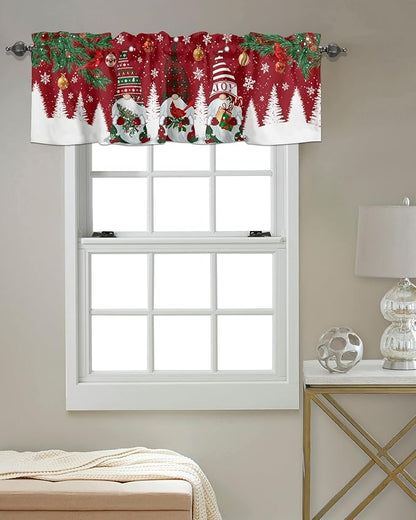 Christmas Gnomes Kitchen Curtains Valances for Windows Red Winter Holidays Rod Pocket Window Treatment for Kitchen /Living Room/Bedroom/ Bathroom,42" X 12" -1 Panel, White Snowflakes Xmas Trees