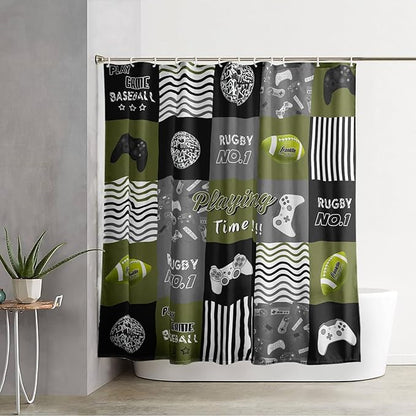 AILONEN Gamer Shower Curtain,Olive Green Ball Sports Waterproof Fabric Shower Curtain for Boys Kids Teens, 72" W*84" H Gaming Gamer Theme Shower Curtain Sets